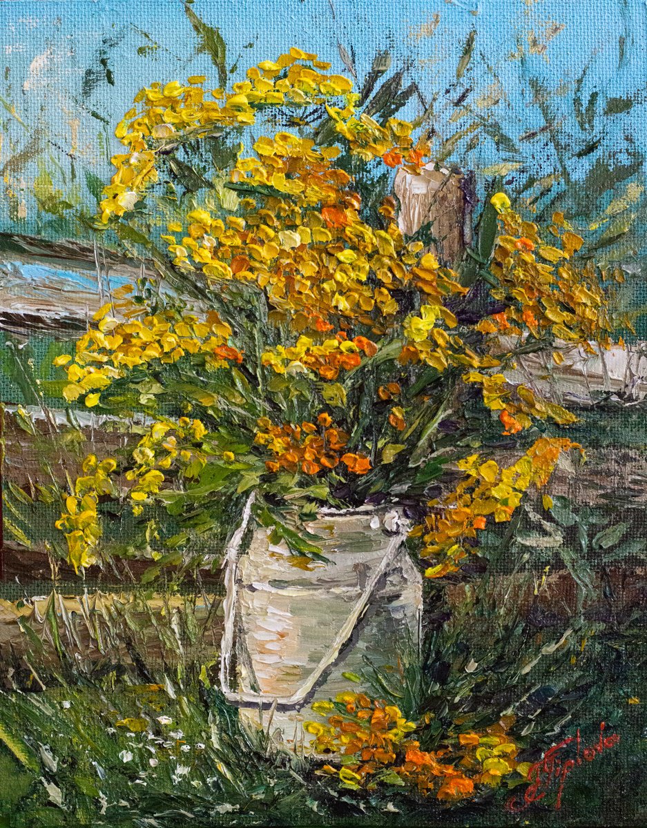 Impressionistic Botanical Oil Painting By Tetiana Tiplova, 11 X 13", Plant Tansy, Original Artwork
