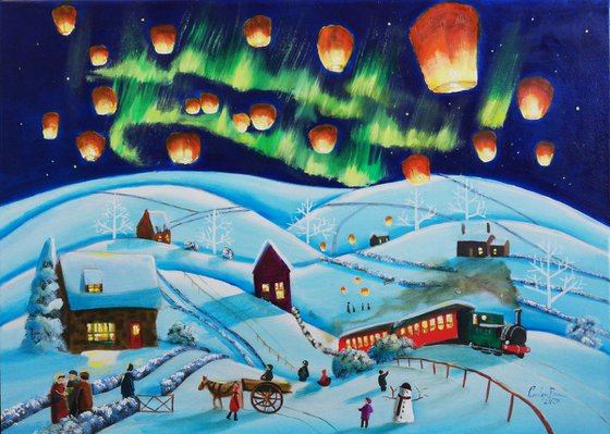 Winter town painting