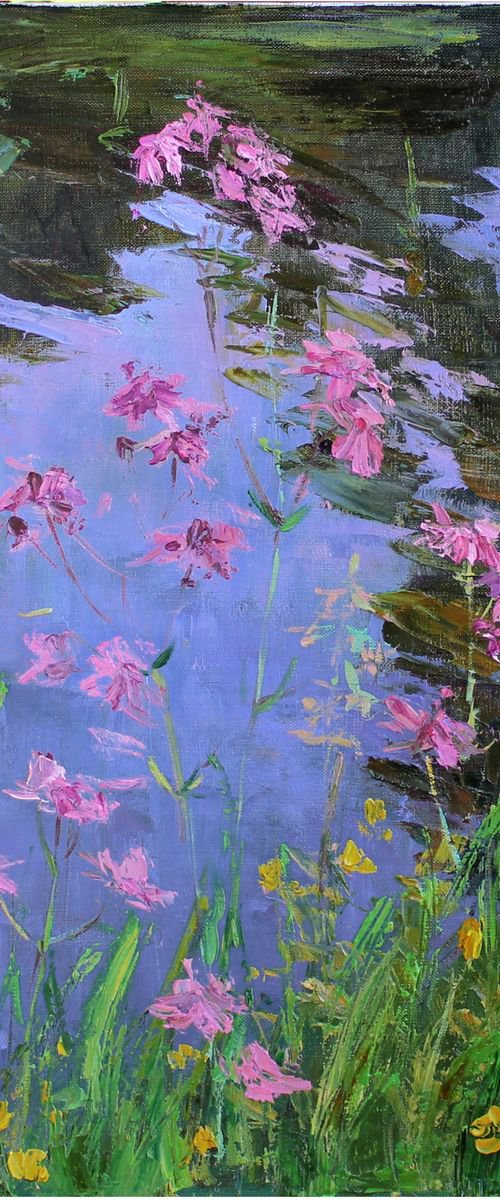 Pink flowers near lake by Nataliia Nosyk