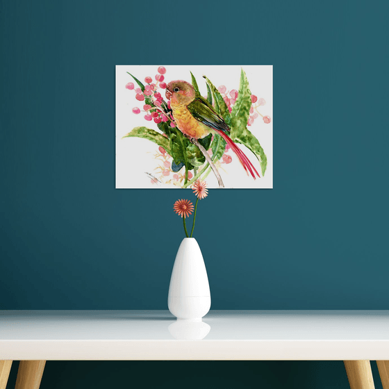 Pineapple Conure Parakeet and Tropical Foliage