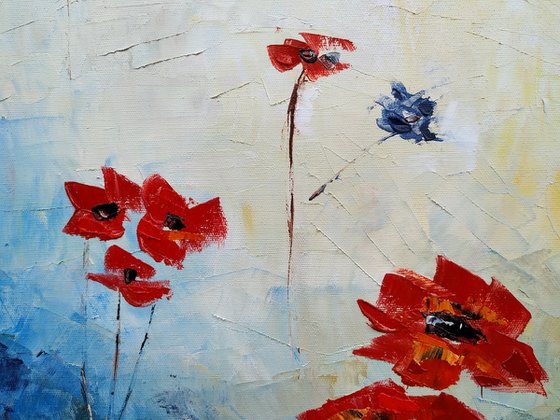 Red flowers (100x60cm, oil painting, palette knife)