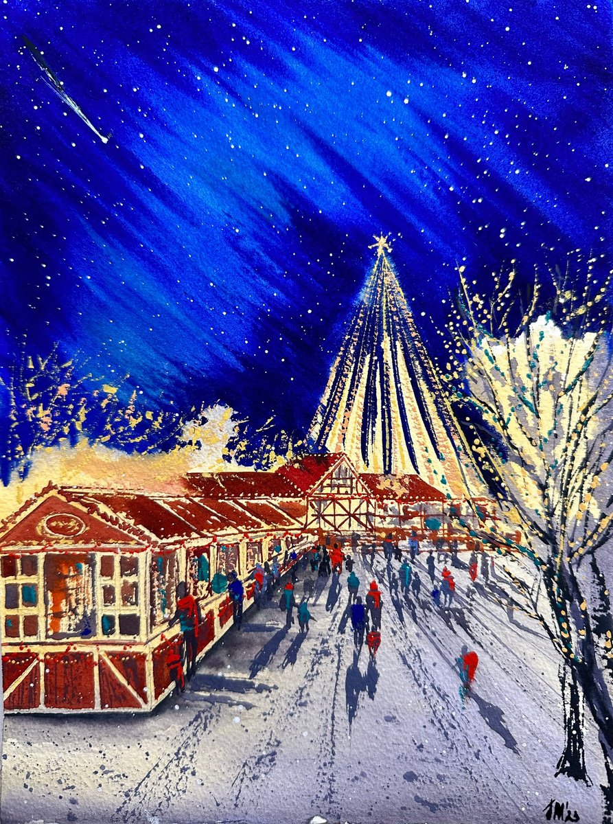 Illustrative Landscape Watercolour By Yuliia Sharapova, 12 X 16", Christmas Market In Lapland, Original Artwork