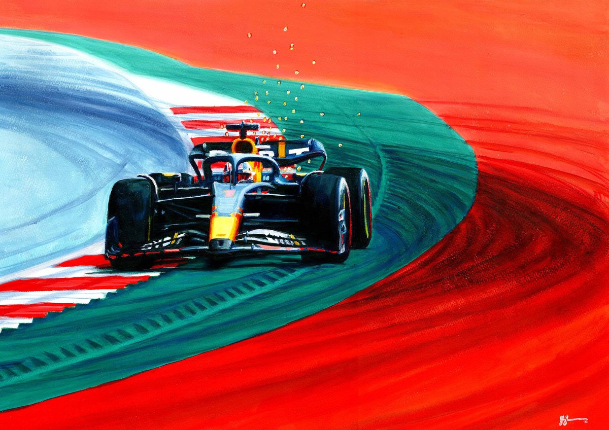 Impressionistic Transport Acrylic Painting By Alex Stutchbury, 18 X 25, Max Verstappen 2023 Austria, Original Artwork