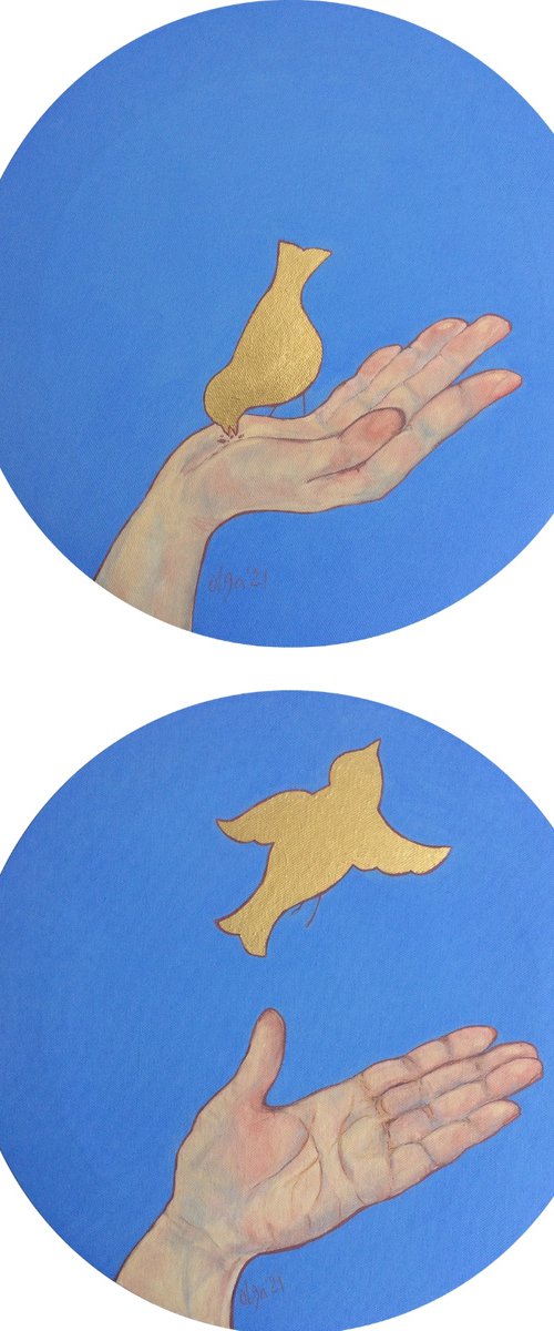 Golden rules of Life. I thank and I release - Diptych round mixed media paintings by Olga Ivanova