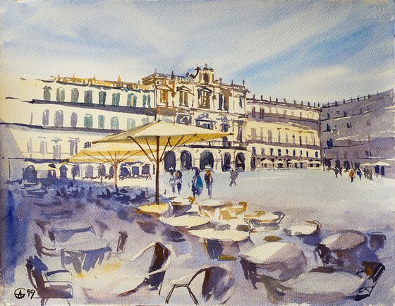 Sunset in Plaza Mayor. Salamanca, Spain. Original watercolor. Small format city urban muted colors purple sun warm