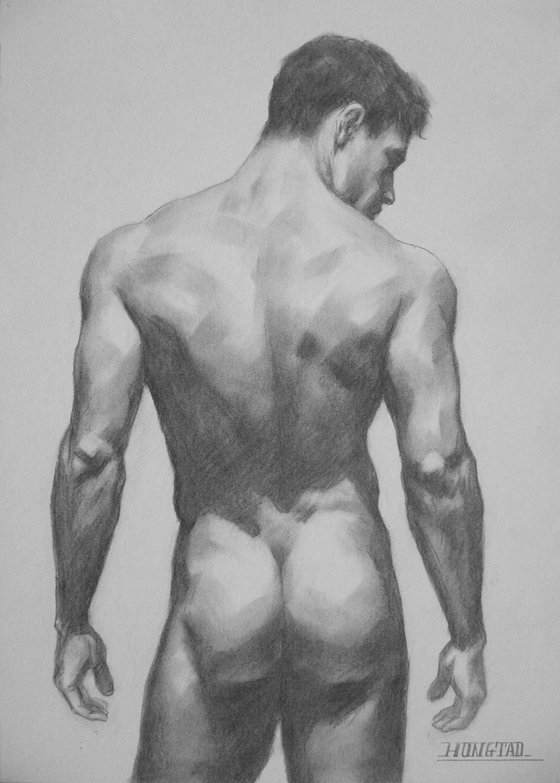 ORIGINAL DRAWING SKETCH CHARCOAL MALE NUDE  BOY MEN ON PAPER#16-01-06
