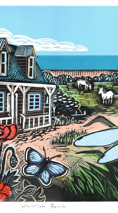 Winchelsea Beach, East Sussex. Limited Edition large colour linocut by Fiona Horan