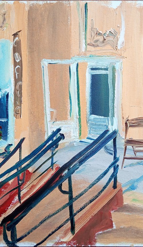 Small cafe in the yellow house. Plein Air Painting by Dmitry Fedorov