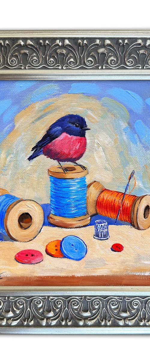 Pink Robin and thread spools by Irina Redine