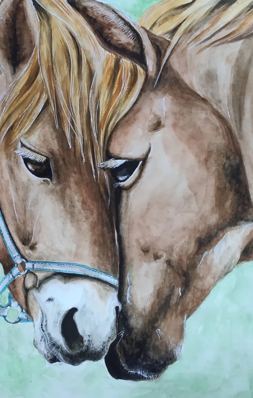 Tenderness. Horses watercolor painting on paper. Original artwork by Svetlana Vorobyeva by Svetlana Vorobyeva