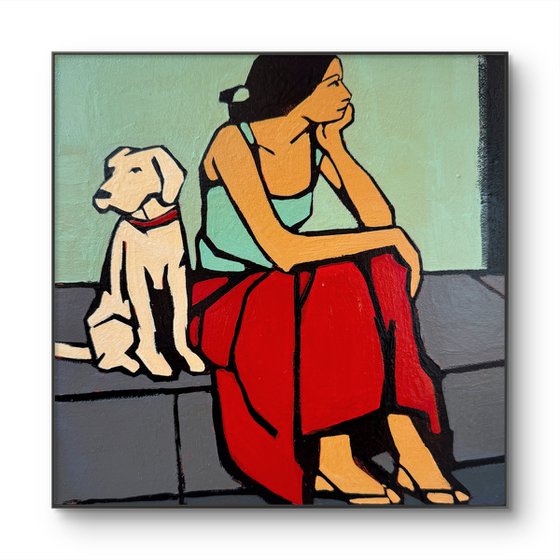 Dog and Woman in Red Skirt Small Painting