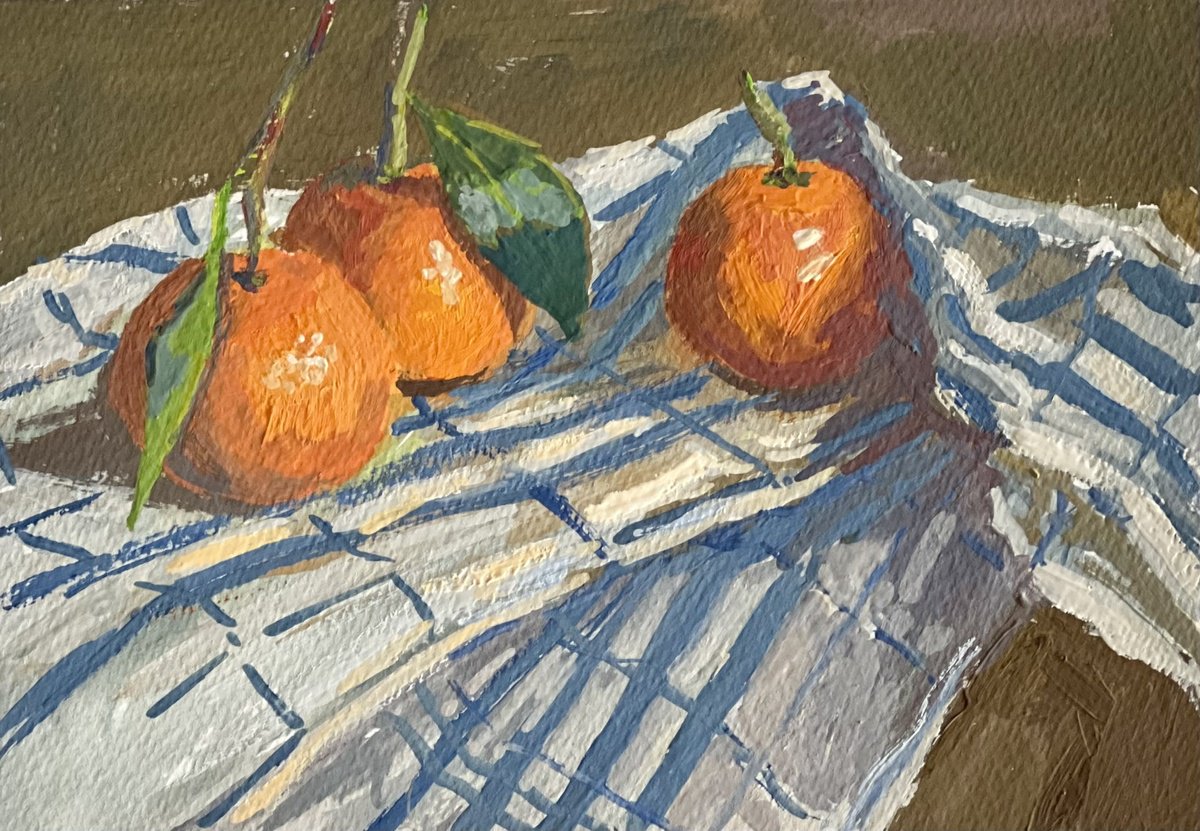 Impressionistic Still Life Painting By Nithya Swaminathan, 13 X 9", Oranges Hidden Under Stripes, Original Artwork