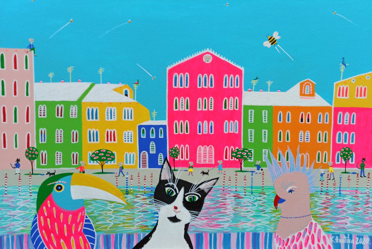 Impressionistic Animal Acrylic Painting By Katrina Avotina, 30 X 20", Adventures Of Jimbo - "My First Trip Abroad", Artfinder