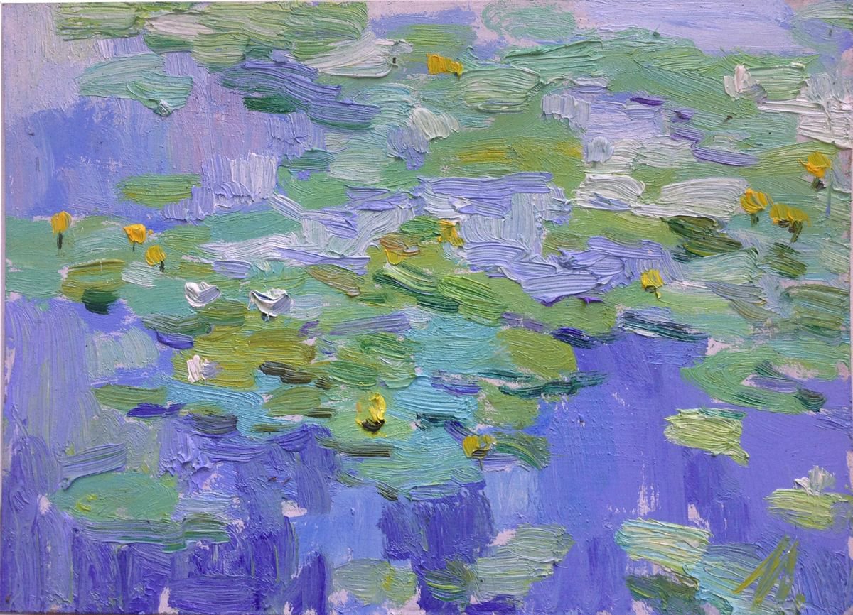 Water lilies pond light oil painting river lily by Nataliia Nosyk