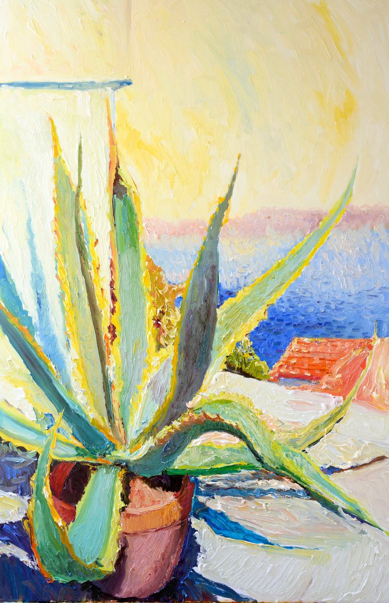 Expressive Landscape Oil Painting By Suren Nersisyan, 30 X 48", Agave. Sunny Morning, Original Artwork