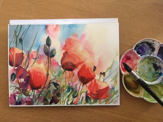 Watercolour Poppy Fields 2