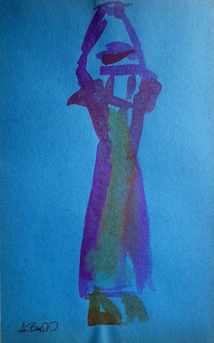 Expressive Portrait Ink Drawing By Aleksandar Basic, 8 X 13, Figure With Raised Hands, Original Artwork