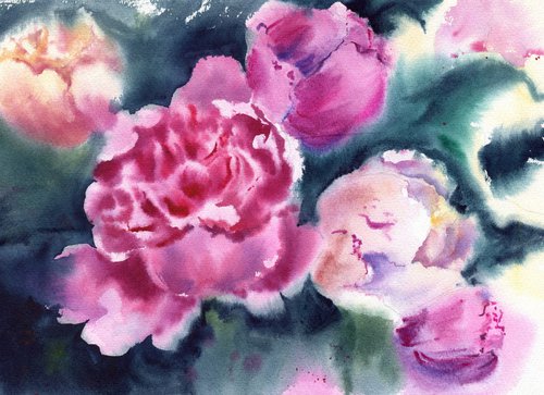 Blooming pink peonies. Original artwork. by Evgeniya Mokeeva