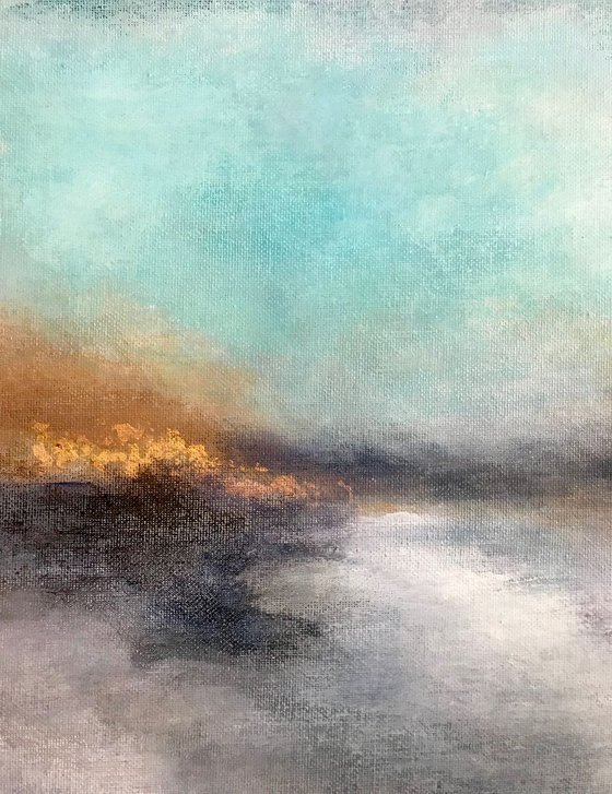 Abstract landscape misty winter atmospheric with gold leaf turquoise