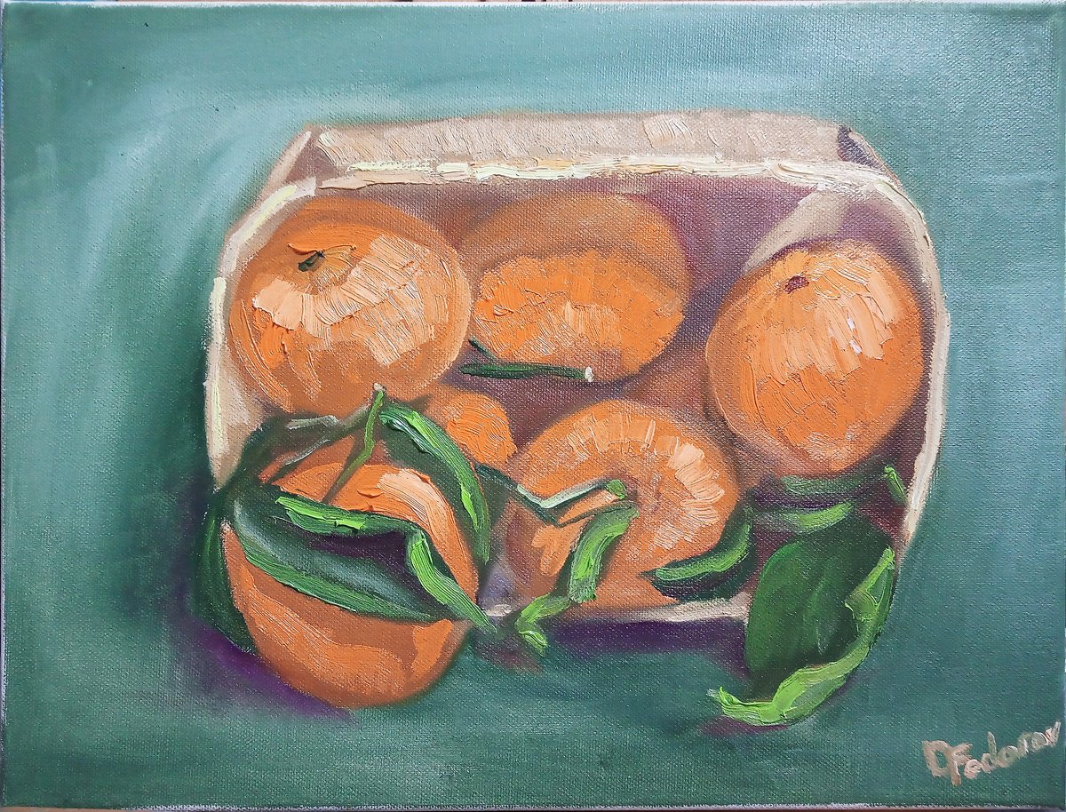 Still life with tangerines in a wooden basket by Dmitry Fedorov