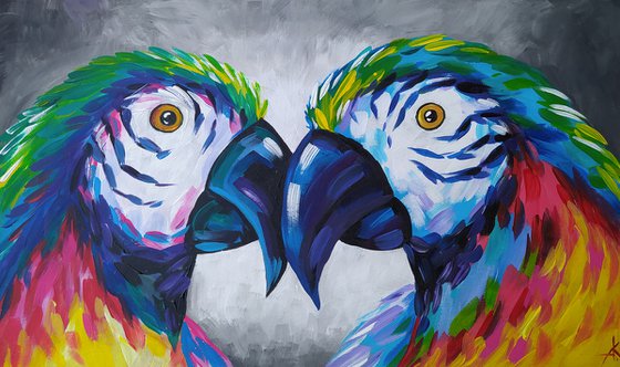 Love - parrots acrylic painting, parrots in love, bird, parrots, gift, parrots art, art bird, animals painting