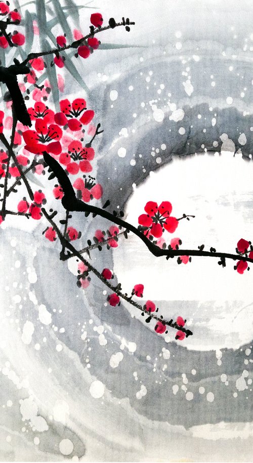 Red plum, bamboo and moon by Ilana Shechter