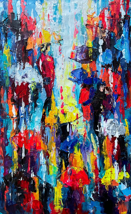 Bright umbrellas. Lady in pink