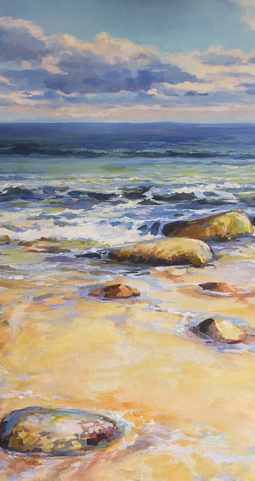 Warm stones 2, original one of a kind acrylic on canvas seascape (24x30'') by Alexander Koltakov