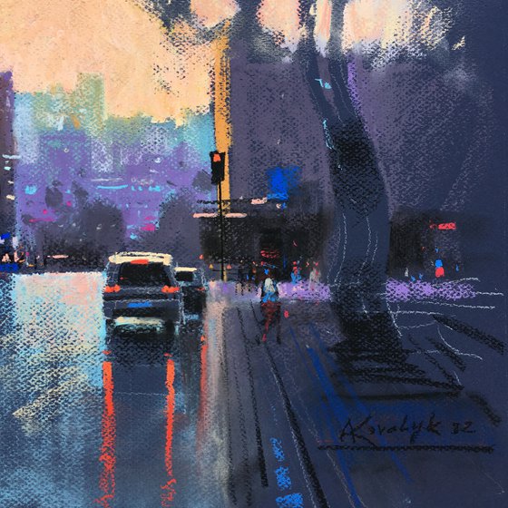 Ukrainian art Evening street in Kyiv, Ukraine. Soft pastel drawing 19.6x19.6 inch (50x50 cm)