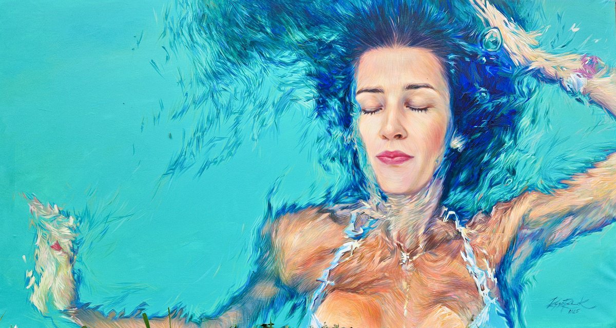 Photorealistic Portrait Acrylic Painting By Lesja Rygorczuk, 63 X 35", Tranquil Waters, Original Artwork