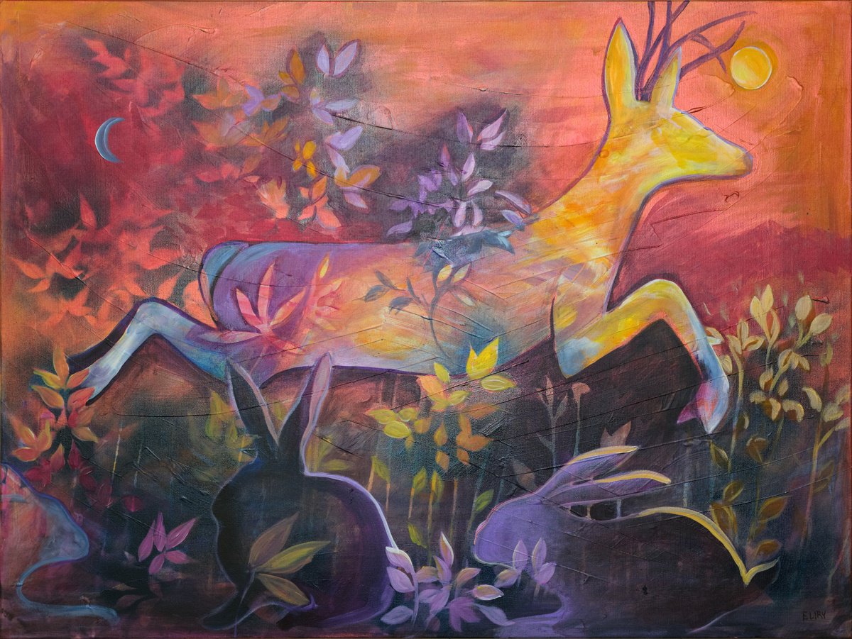 Expressive Animal Acrylic Painting By Eliry Arts, 40 X 30, Running In The Sunset, Original Artwork