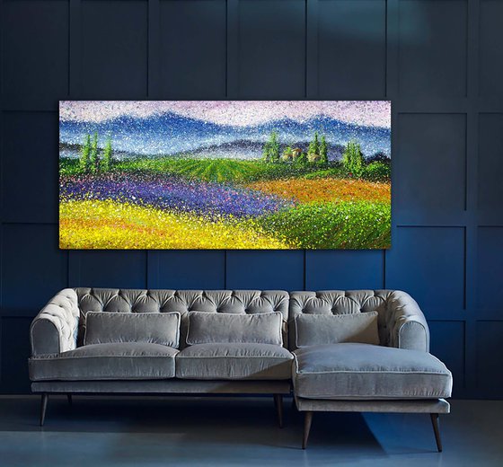 Large lavender wheat Impressionist Painting Large Summer fields Beautiful landscape