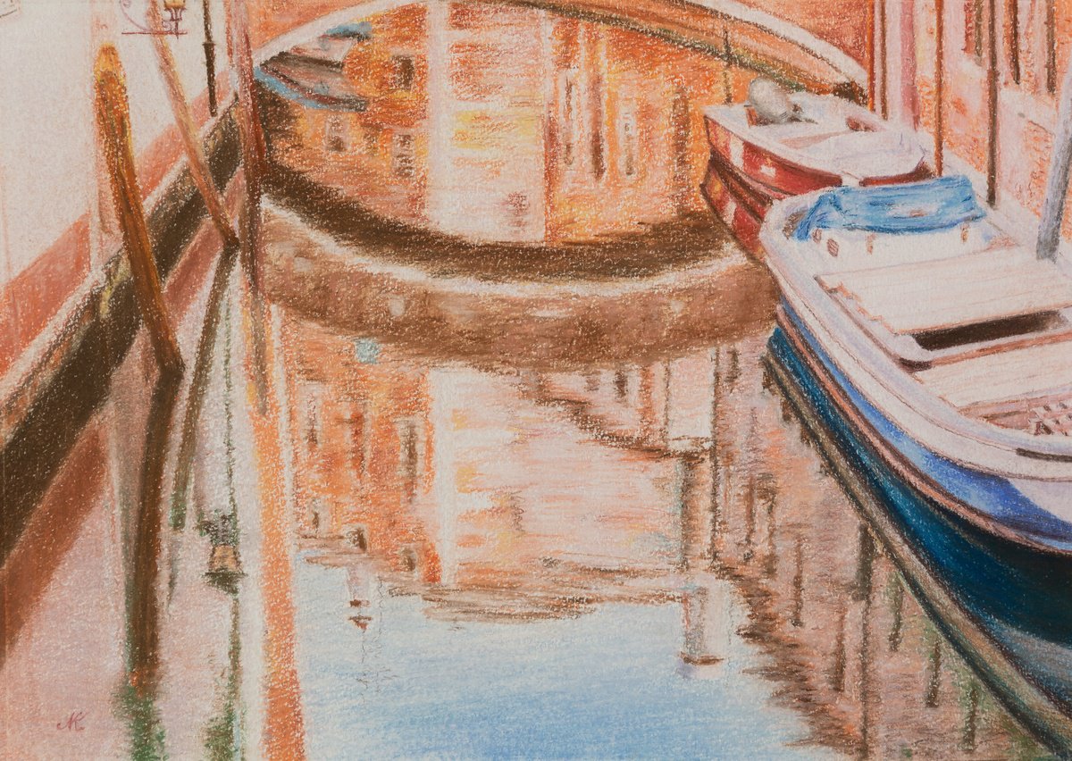 Impressionistic Cityscapes Pastel Drawing By Kateryna Nazarenko, 17 X 12", Reflections In A Venice Canal, Original Artwork