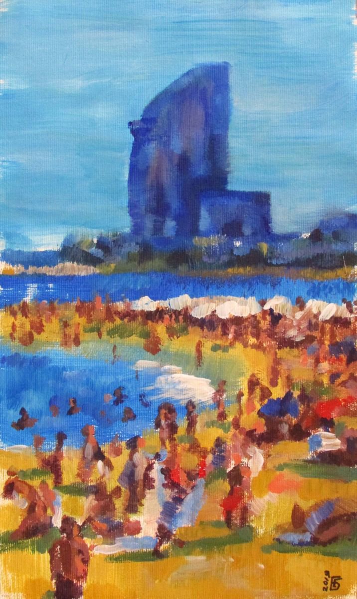 Impressionistic Landscape Acrylic Painting By Kateryna Bortsova, 7 X 12", Original Landscape Of Barceloneta, Original Artwork