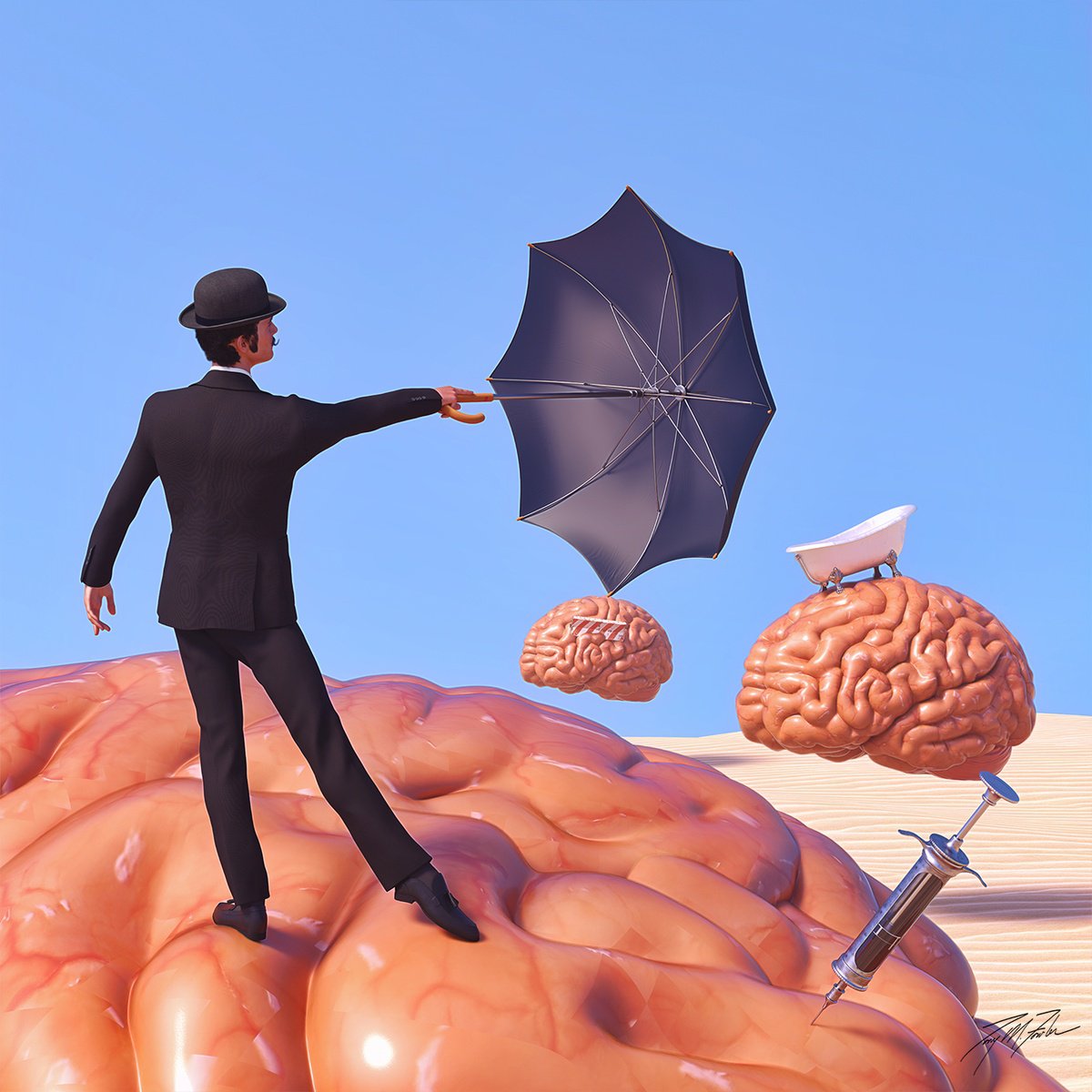 Surrealistic Portrait Giclee Print By Tony Fowler, 30 X 30", Brainwash, Original Artwork