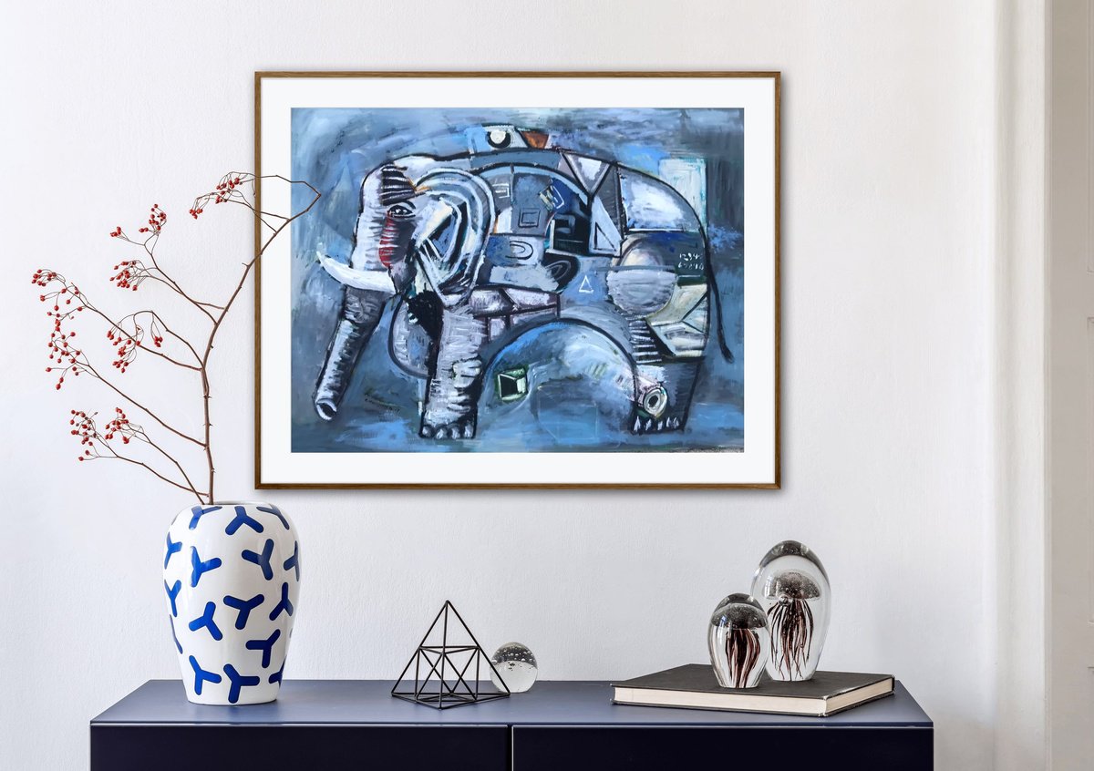 Geometric Animal Oil Painting By Roberto Munguia Garcia, 24 X 18", The Good Elephant, Original Artwork