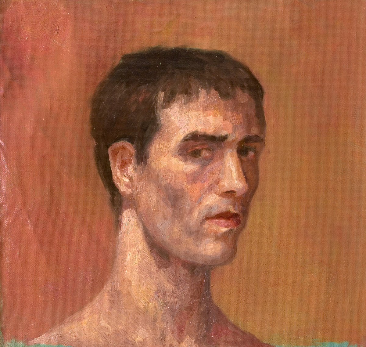 Impressionistic Still Life Oil Painting By Olivier Payeur, 11 X 10", Selfportrait On Brown, Original Artwork