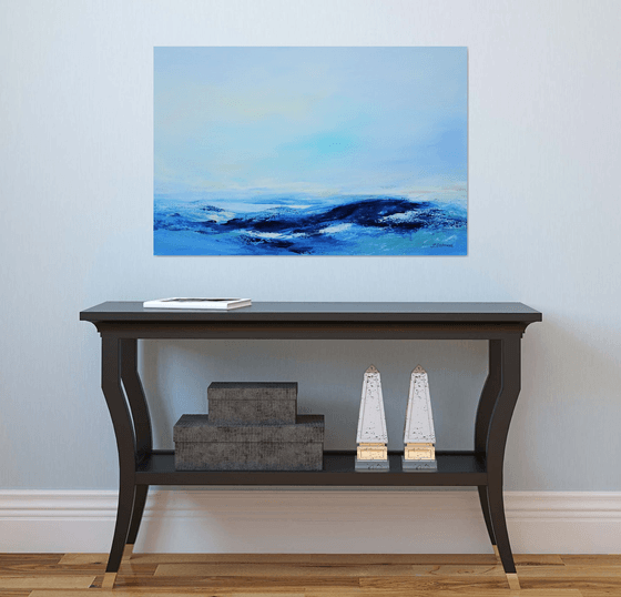 Large Abstract Seascape Painting #810-43. Beach, ocean, waves, sky with clouds. Coastal Decor Art.