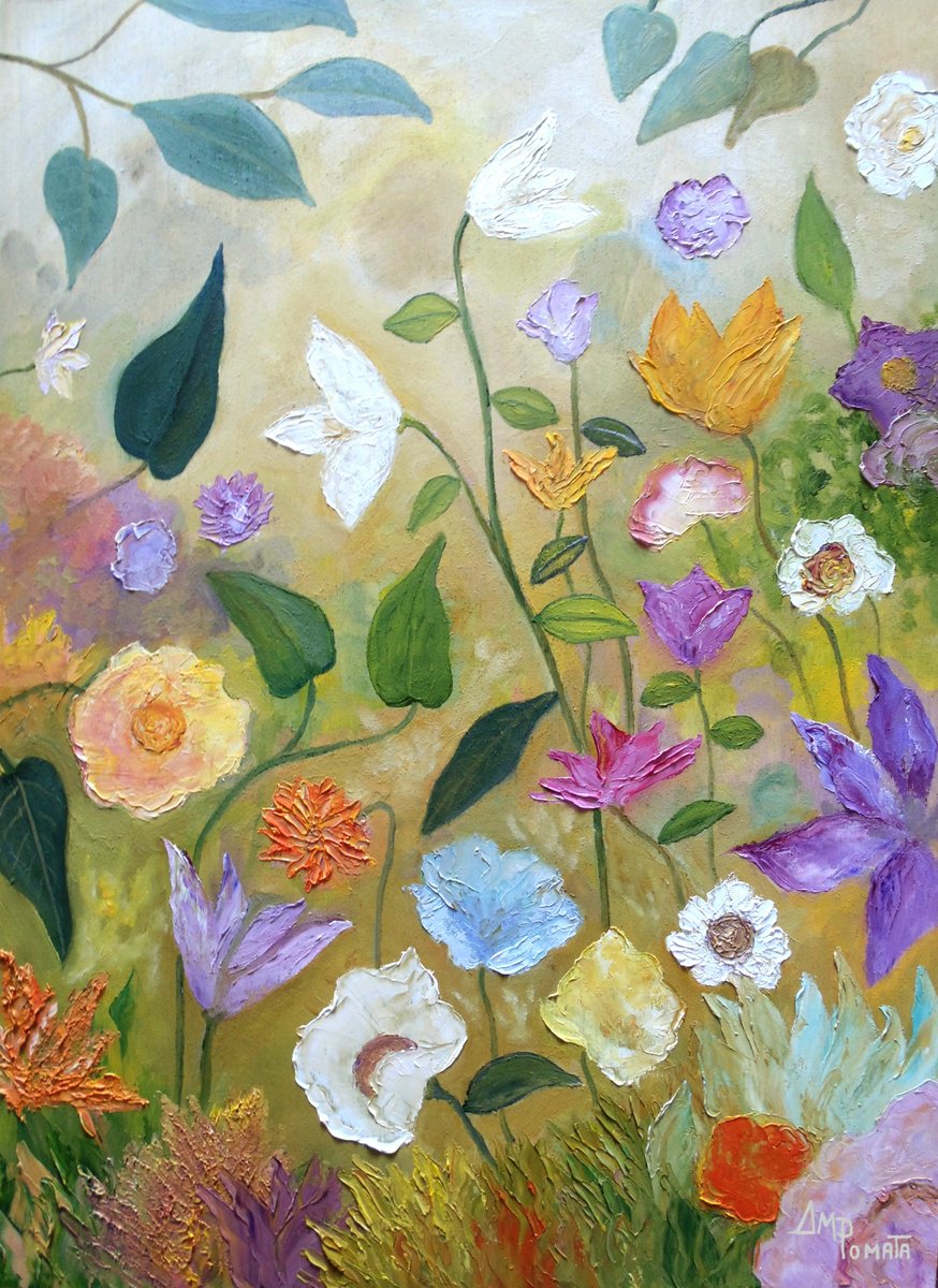 Naive Landscape Oil Painting By Angeles M. Pomata, 12 X 16, Flower Surge, Original Artwork