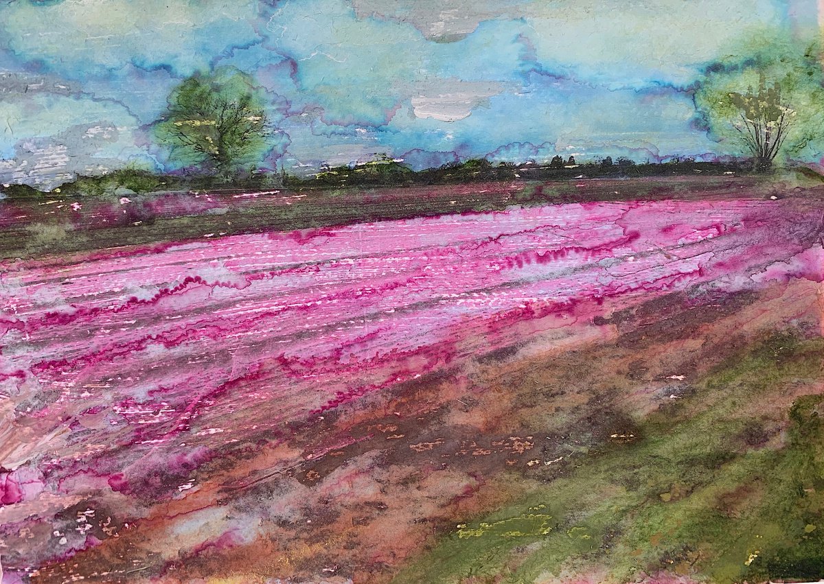 Impressionistic Landscape Painting By Suzsi Corio, 11 X 8", Pink Field, Original Artwork