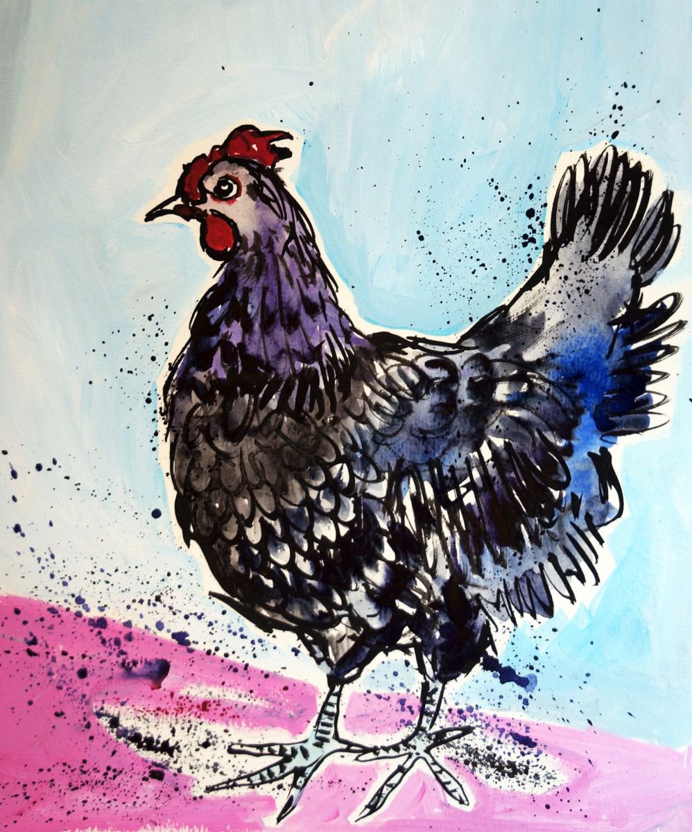 Black Hen (on Pink and Blue) by Julia Rigby