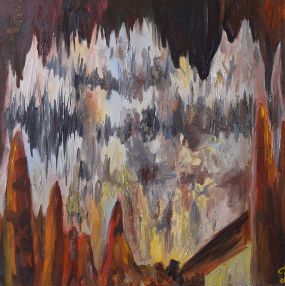 Cave original oil painting on canvas Mountains in Slovakia, gift for speleologist