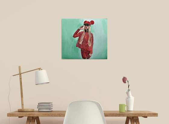 YES SIR, I CAN BOOGIE - oil painting on board, girl, red, green, popart, feminizm, office decor, print on canvas, best gift idea