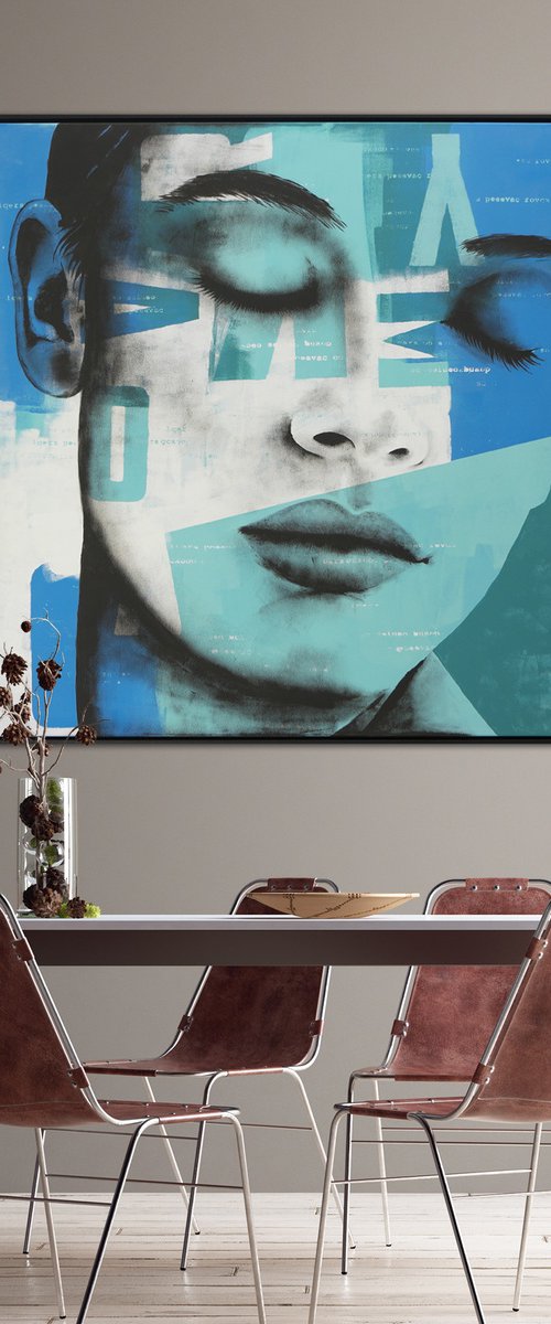 Pop Art Portrait - Close Your Eyes Blue XL Incl Frame - 125x125cm - Ronald Hunter - 27o by Ronald Hunter