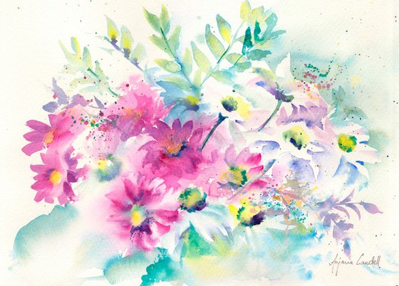 Flower Bouquet, Original Painting, Floral Art, Daisy, Loose painting