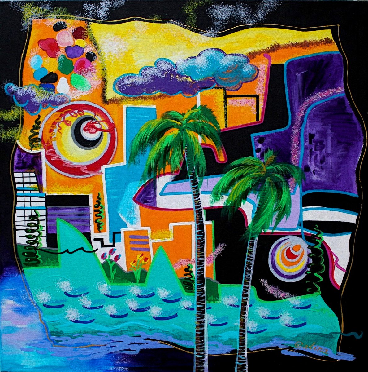 Urban And Pop Abstract Acrylic Painting By Galina Victoria, 24 X 24, Tropical Ocean City, Original Artwork
