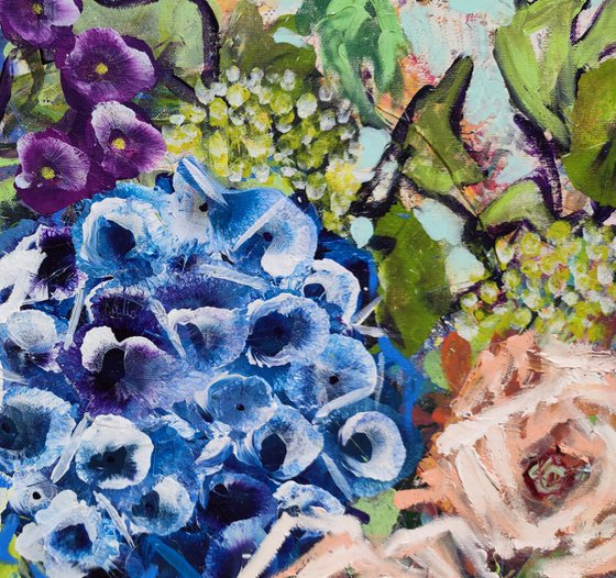 Blue Hydrangea and Roses