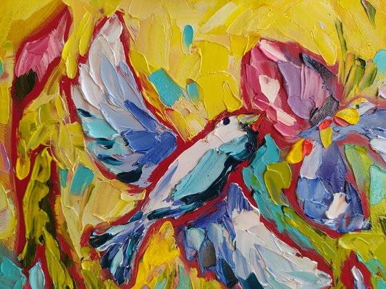 Dance in the garden - love, birds, hummingbird, love, irises, flowers, oil painting, irises flowers, gift idea