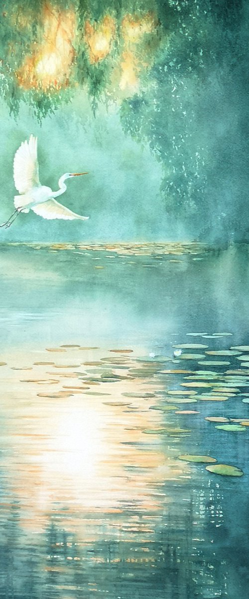 Egret in Morning Light by Olga Beliaeva Watercolour