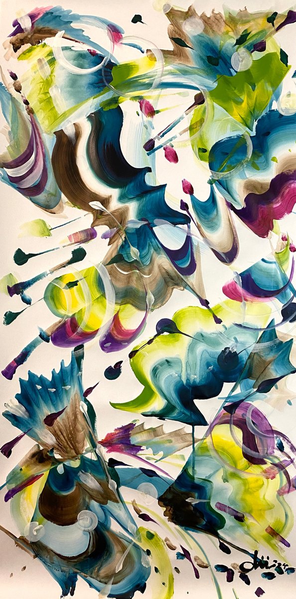 Organic Abstract Acrylic Painting By Daichi Matsusaki, 20 X 39, Color Dance 6-5-24, Original Artwork